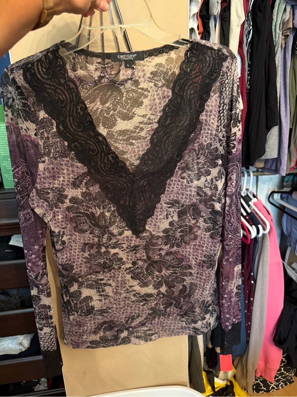 Karen Kane Purple Black Lace V-Neck Long Sleeve Top